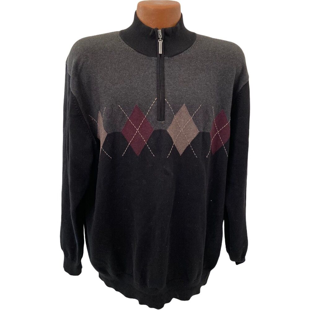 Vintage Roundtree & Yorke Argyle Sweater Mens XL Gray Black Burgundy Diamond